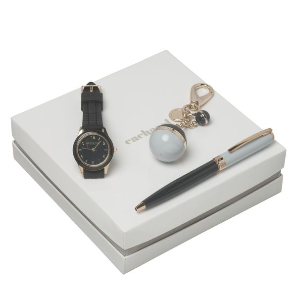 Set Cacharel : Porte-clefs + Montre + Stylo promotionnel